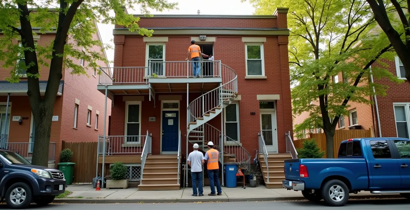 Vue large d'un duplex montréalais typique avec rénovation des balcons et escaliers extérieurs en cours