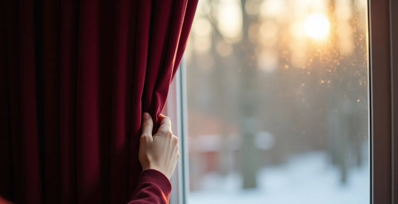 Rideau en velours lourd installé sur tringle décalée du mur créant une lame d'air isolante