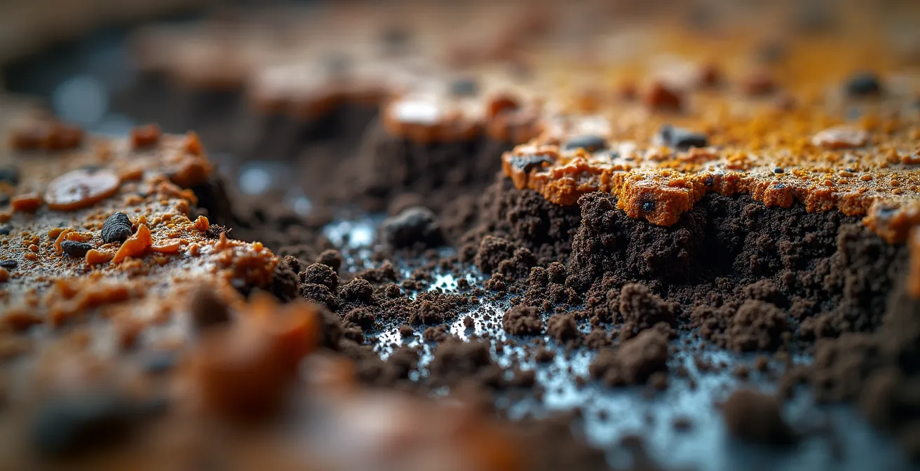 Détail macro de terre contaminée montrant les différentes textures et colorations suspectes