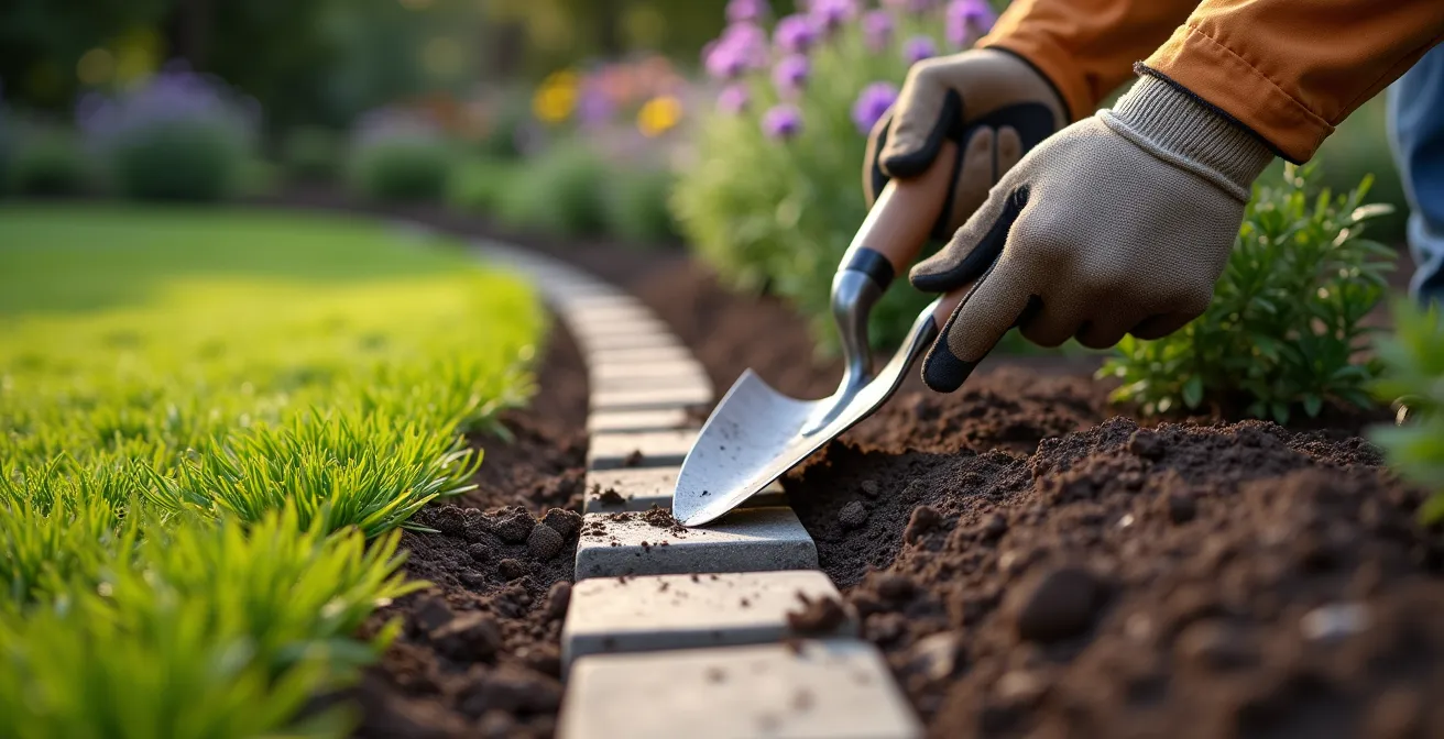 Technique professionnelle de découpe de bordure à la bêche créant une ligne nette entre massif et pelouse