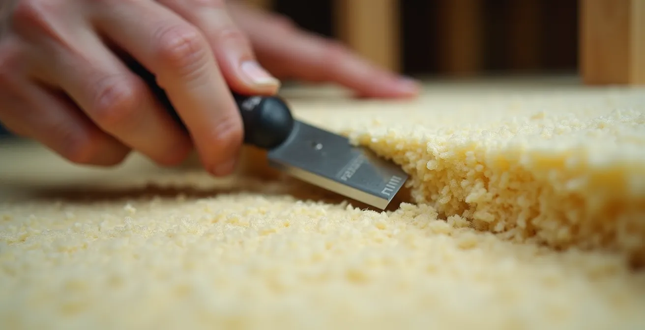 Technique de friction fit montrant la coupe précise de laine minérale entre montants avec outil spécialisé