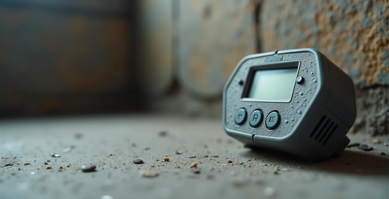 Détecteur de radon installé dans un sous-sol québécois typique avec fondation en béton