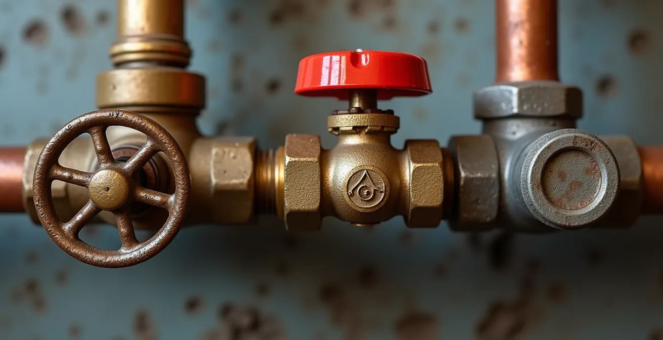 Gros plan sur trois types de vannes d'arrêt d'eau typiques des maisons québécoises