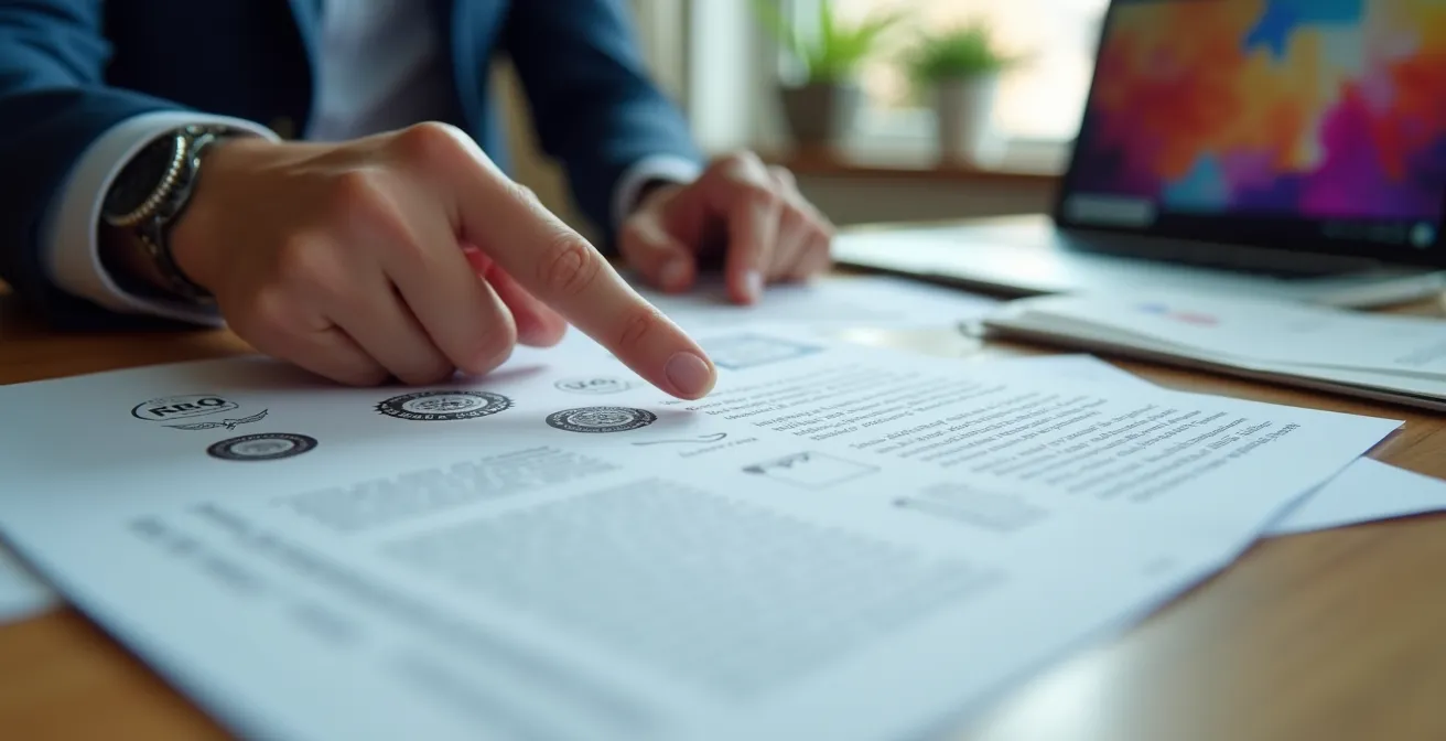 Mains consultant des documents officiels RBQ et registres sur un bureau en bois avec ordinateur portable en arrière-plan