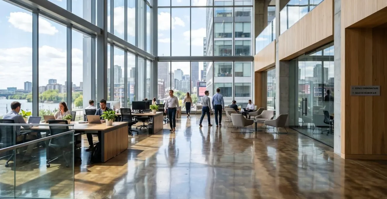 Intérieur commercial contemporain à Montréal avec un vaste plancher époxy métallique réfléchissant la lumière naturelle des grandes fenêtres