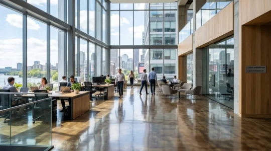 Intérieur commercial contemporain à Montréal avec un vaste plancher époxy métallique réfléchissant la lumière naturelle des grandes fenêtres