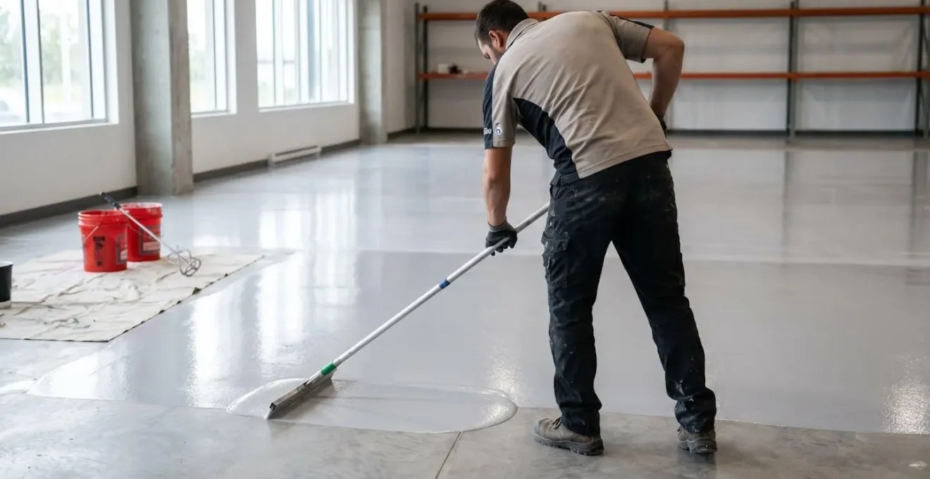 Professionnel en vêtements de travail modernes appliquant une couche de résine époxy sur un plancher commercial, vue de dos concentrée sur le geste technique