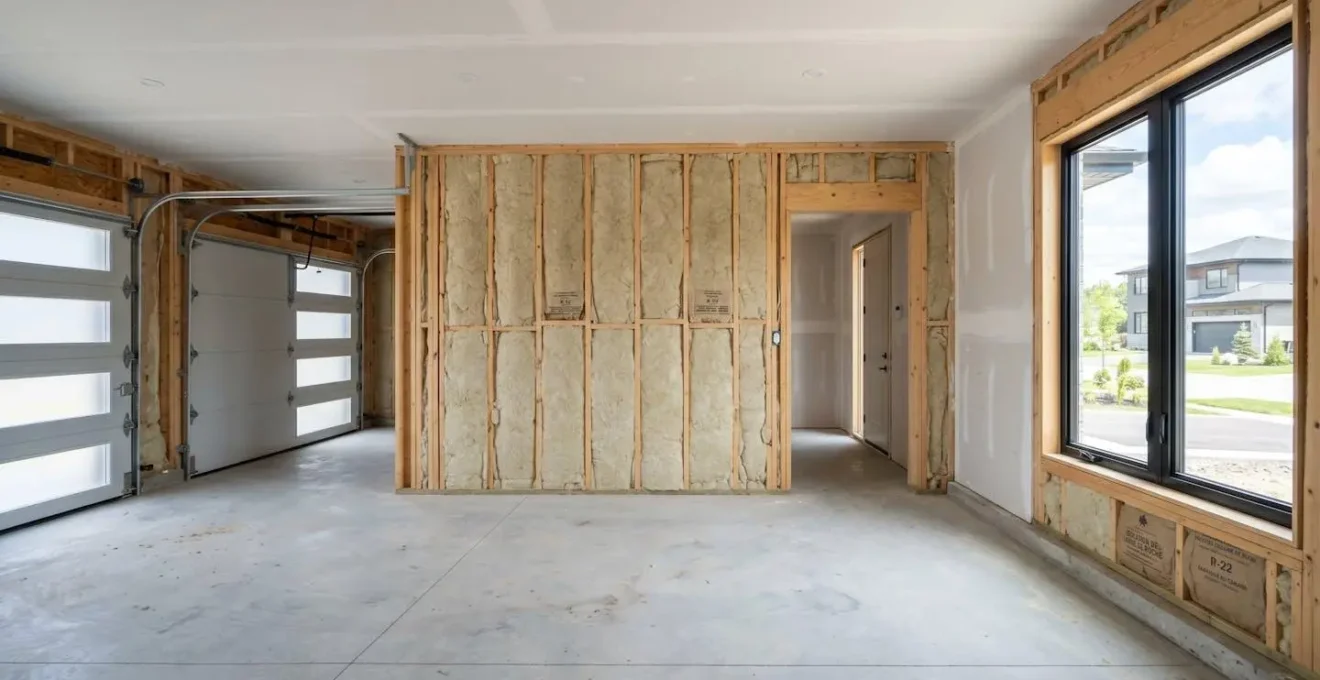 Intérieur d'un garage attenant vide montrant un mur mitoyen avec isolation en laine minérale entre les montants et lumière naturelle d'une fenêtre