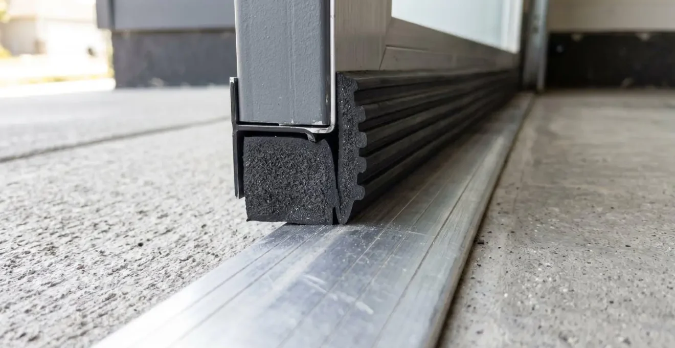 Gros plan sur un joint en caoutchouc de coupe-froid au bas d'une porte de garage contre un seuil en aluminium