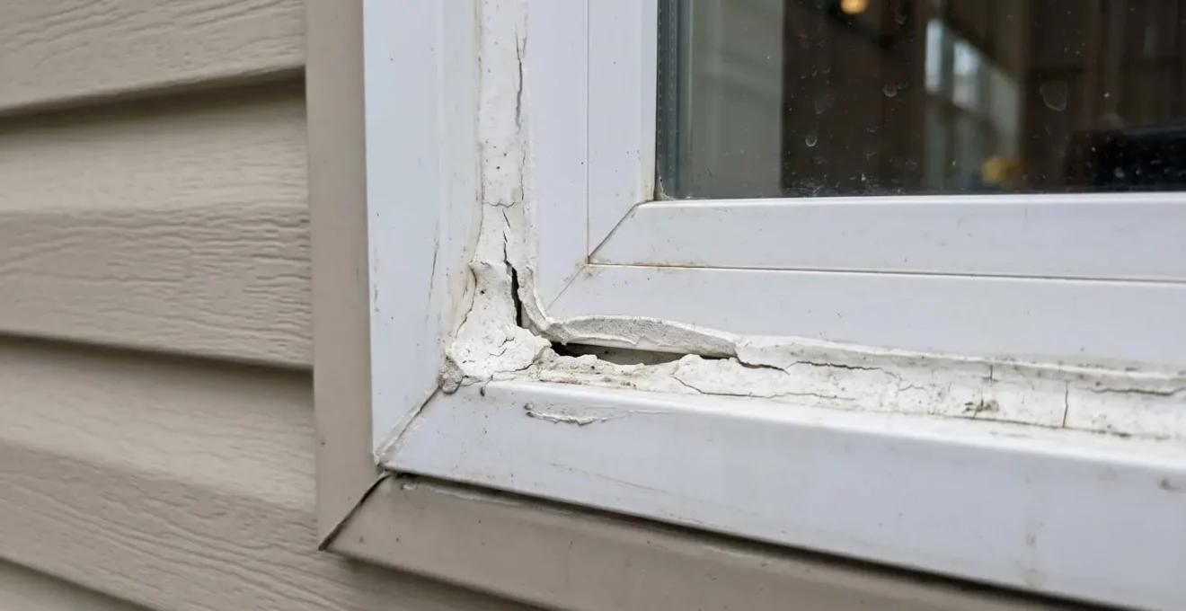 Gros plan rapproché d'un joint de scellant blanc présentant de multiples fissures et un décollement visible du cadre de fenêtre en PVC