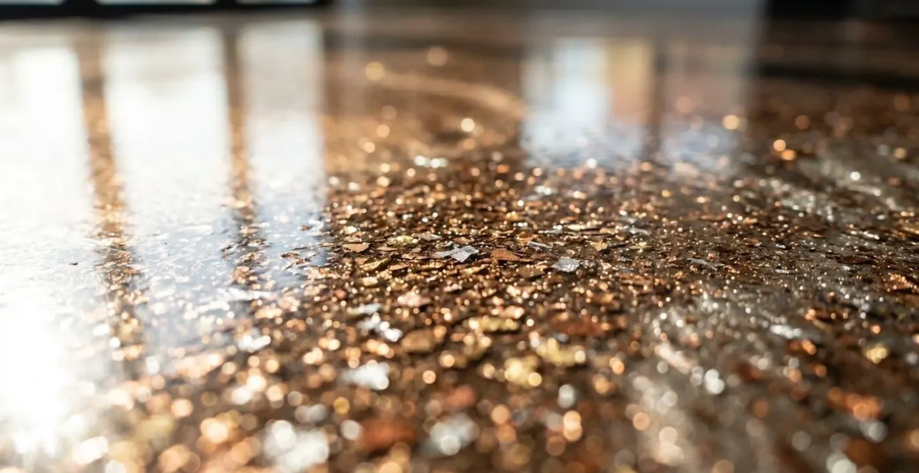 Gros plan extrême sur la texture d'un plancher époxy métallique avec reflets lumineux créant des motifs abstraits et une profondeur visuelle