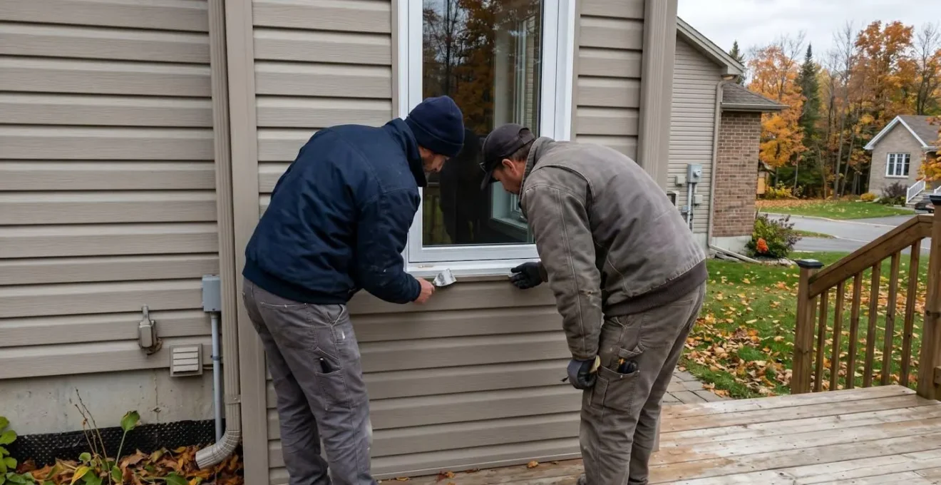 Deux professionnels en veste de travail inspectent de profil le cadre extérieur d'une fenêtre d'une maison québécoise sous une lumière automnale diffuse