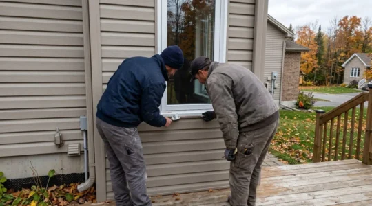Deux professionnels en veste de travail inspectent de profil le cadre extérieur d'une fenêtre d'une maison québécoise sous une lumière automnale diffuse