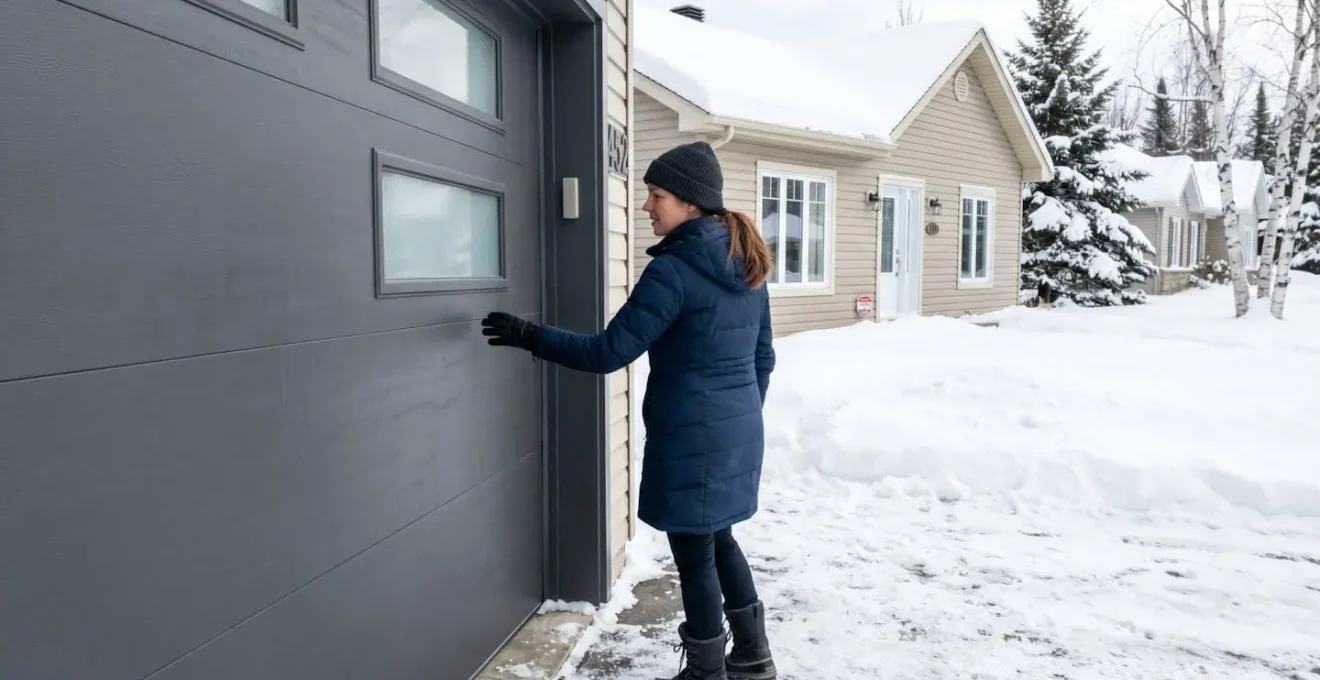 Un propriétaire inspecte une porte de garage moderne isolée en hiver devant un bungalow québécois avec de la neige au sol