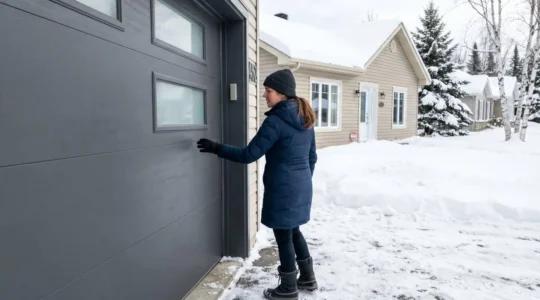 Un propriétaire inspecte une porte de garage moderne isolée en hiver devant un bungalow québécois avec de la neige au sol