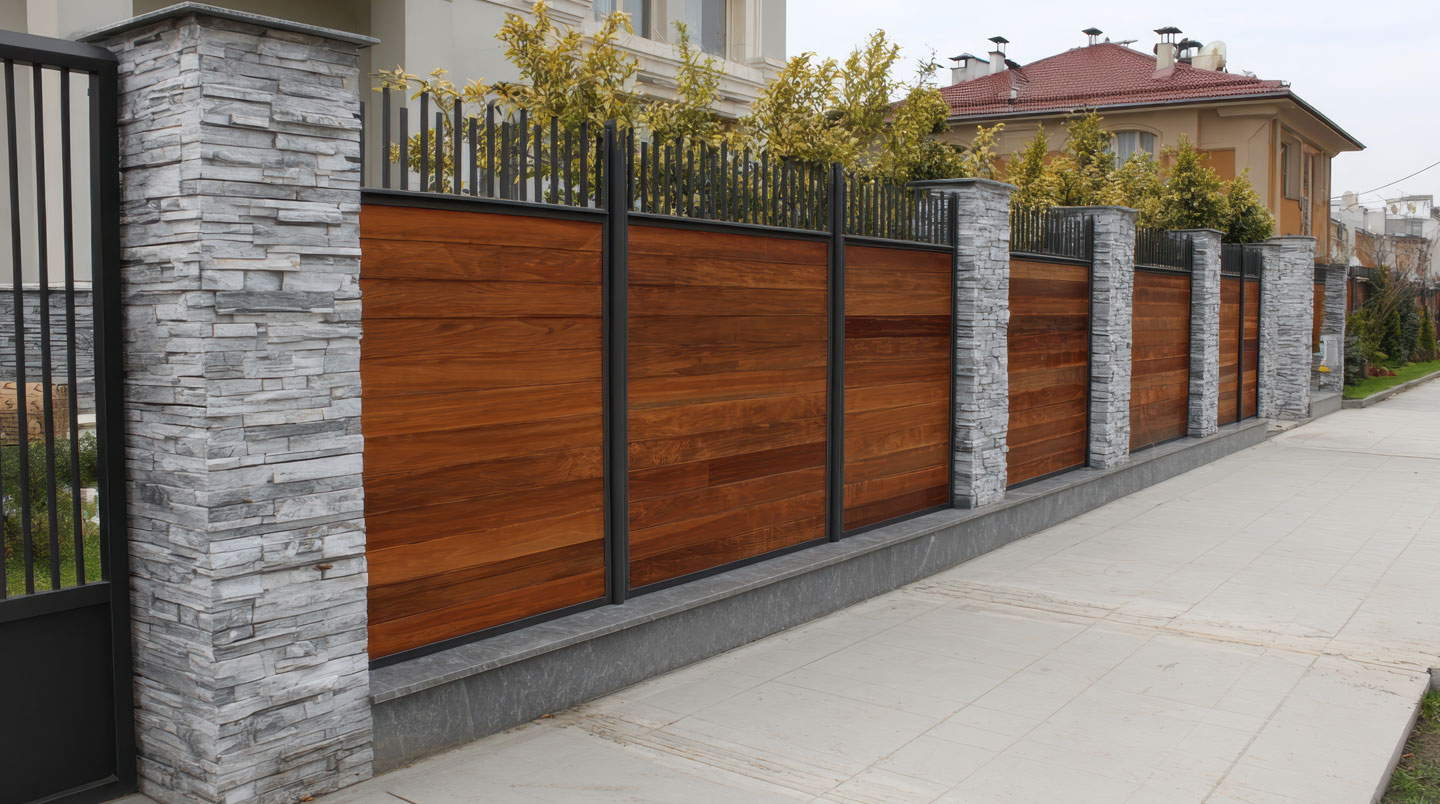 Échantillons de différents matériaux de clôture disposés côte à côte dans un jardin québécois