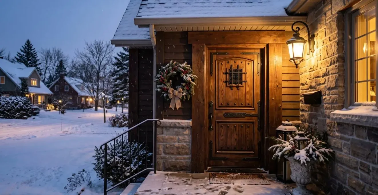 Porte d'entrée résidentielle renforcée en hiver sur la Rive-Sud de Montréal, éclairage extérieur allumé