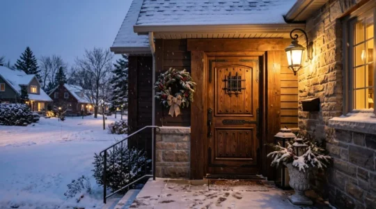 Porte d'entrée résidentielle renforcée en hiver sur la Rive-Sud de Montréal, éclairage extérieur allumé
