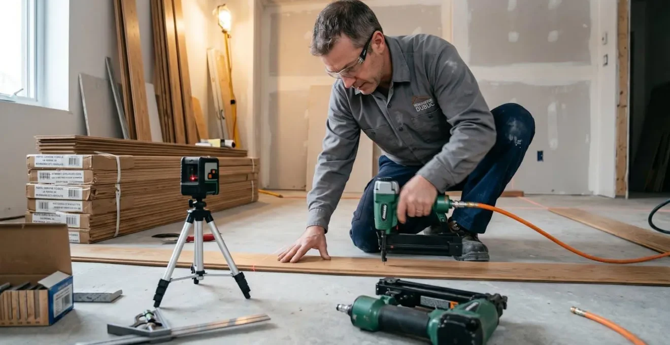 Installateur professionnel posant des planches de bois franc avec cloueuse pneumatique et niveau laser sur chantier propre et organisé, démonstration du savoir-faire technique requis