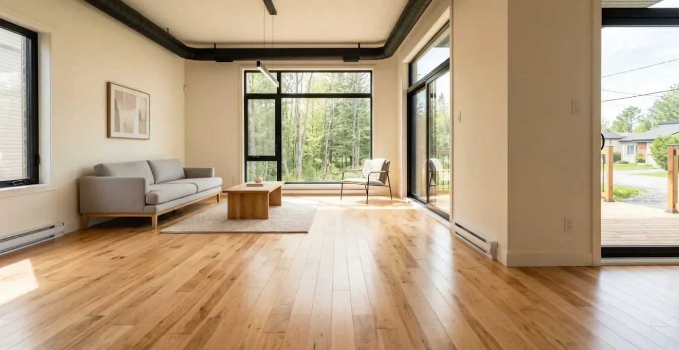 Salon spacieux avec plancher de bois franc érable naturel récemment installé, lumière naturelle abondante traversant de grandes fenêtres contemporaines, mobilier moderne minimaliste, mise en valeur de l'étendue et de la qualité du bois