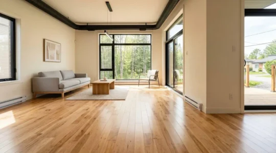 Salon spacieux avec plancher de bois franc érable naturel récemment installé, lumière naturelle abondante traversant de grandes fenêtres contemporaines, mobilier moderne minimaliste, mise en valeur de l'étendue et de la qualité du bois