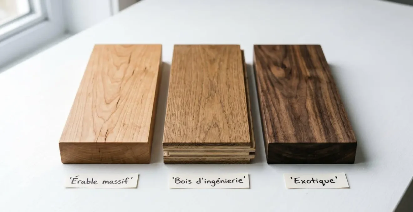 Trois échantillons de bois franc côte à côte sur fond blanc : érable massif à grain clair, bois d'ingénierie multicouche avec coupe transversale visible, essence exotique foncée type noyer, étiquettes manuscrites en français identifiant chaque type
