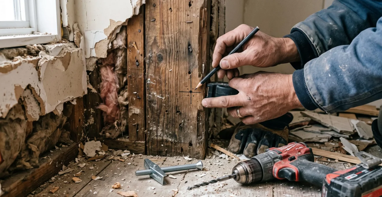 Des mains marquent les points de perçage sur un montanc de bois mis à nu.
