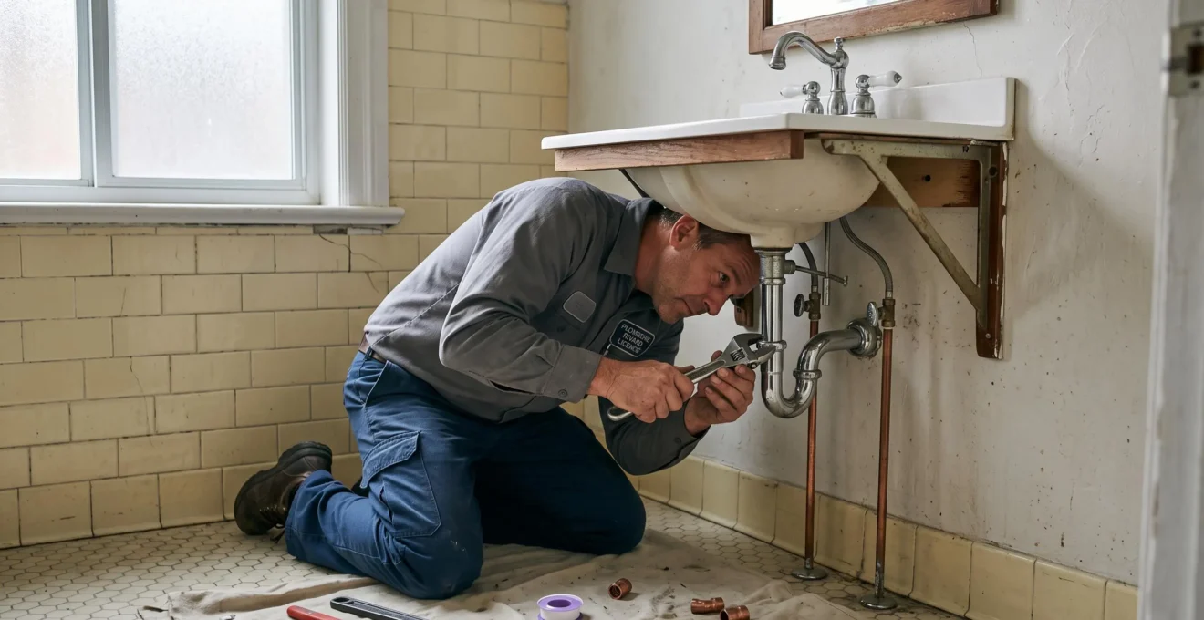 Un plombier raccorde la plomberie sous un meuble-lavabo suspendu fraîchement installé.