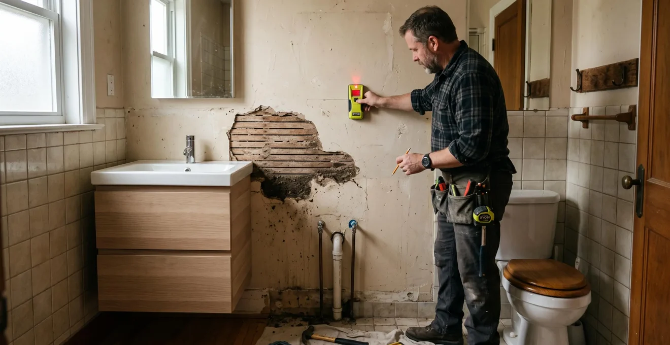 Un bricoleur vérifie un vieux mur avec un détecteur avant d'installer un meuble-lavabo suspendu.