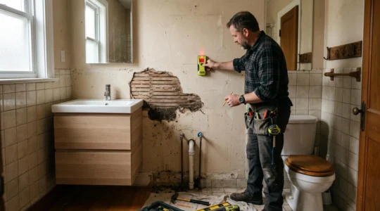 Un bricoleur vérifie un vieux mur avec un détecteur avant d'installer un meuble-lavabo suspendu.